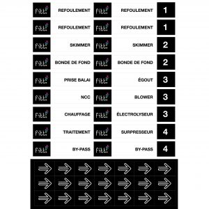 Planche d’étiquettes autocollantes pour piscine – 39 étiquettes pour local technique